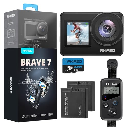 AKASO Brave 7 Action Camera 4K30FPS 20MP with 64GB U3 MicroSDXC Memory Card, Waterproof Camera with Touch Screen IPX8 33FT EIS 2.0 Zoom Support External Mic Voice Control with 2X 1350mAh Batteries