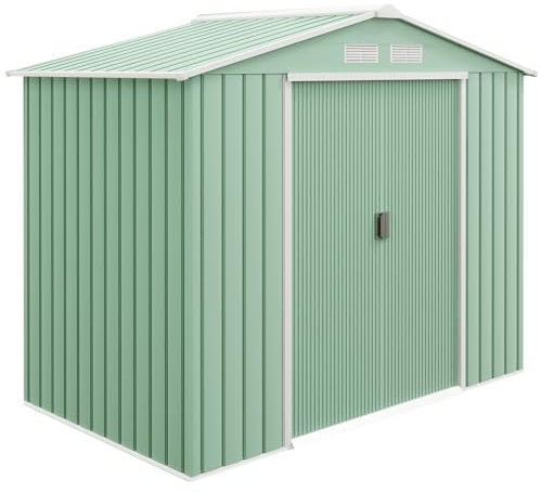 Outsunny Casetta da Giardino Porta Utensili in Lamiera di Acciaio, Capanno da Giardino in Acciaio con Porte Scorrevoli, 213x130x185 cm, Verde Chiaro