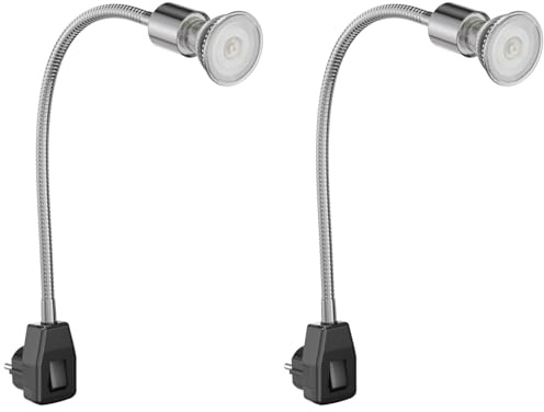 ledscom.de 2x Steckdosenlampe LESCH Leselampe Schwanenhals Schalter chrom/schwarz + GU10 LED, PAR16, warmweiß, 374lm, 70°, 3-Stufen-Dimmer