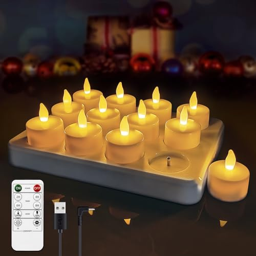LED Teelichter wiederaufladbar, Fernbedienung, Timer, flammenlos, 12 Stück | Flammenlose Votivkerzen mit Flackereffekt für Heim- und Partydekoration