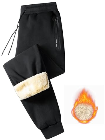 JustSun Pantalon Jogging Homme Polaire Hiver Coton Pantalon Chaud Pantalon de Survêtement Thermique Décontracté Doublé Sherpa Pantalons de Sport Sportswear avec Poches Zippées Noir M