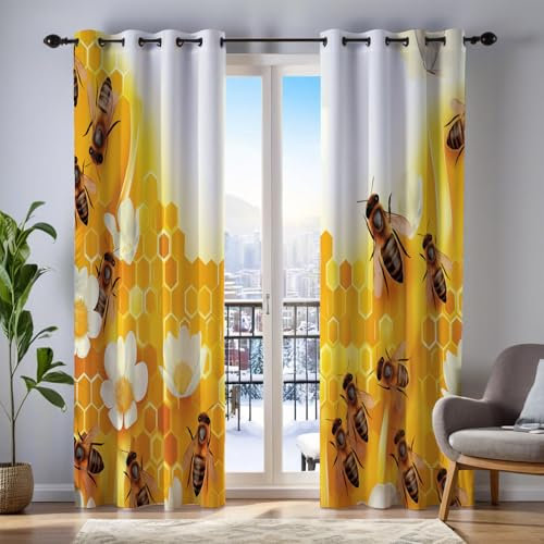 MULERN 2Er Set Blickdicht Vorhänge Wohnzimmer, 3D Biene Muster Blickdicht Schlaufenschal Gelb Verdunkelungsvorhang, Lärmminderung Gardinen Fensterdekoration H175 X B140 cm