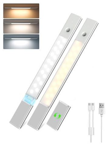 EZVALO Schrankbeleuchtung Kabellos 38CM, Abnehmbarer Akku, Touch Dimmbar 3 Farbten Unterbauleuchte Küche LED, Magnetische Schranklicht mit Bewegungsmelder für Schrank Treppe(Silber, 2*38cm mit 3 Akku)