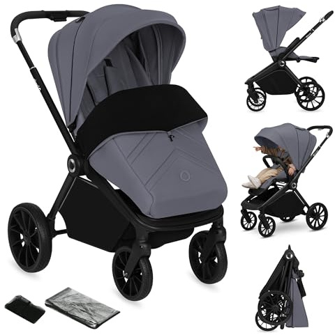 LIONELO Mika Plus Barnvagn, Terränghjul Med Dämpning, XXL Sufflett UPF 50+, 5-punkts Säkerhetsbälte, Justerbart Ryggstöd Och Fotstöd, Hopfällbar, Stor Varukorg, Upp till 22 kg, Inkl Tillbehör, Grå