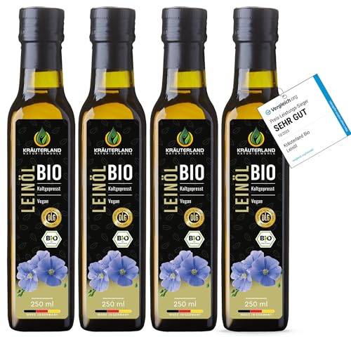 Kräuterland Bio Leinöl kaltgepresst 4x250ml (1Liter) GVO-Frei & glutenfrei | mild-nussig, regional & mühlenfrisch aus Bio Leinsamen für Salat, Quark& Pellkartoffeln, Omega-3 Alpha-Linolensäure (ALA)