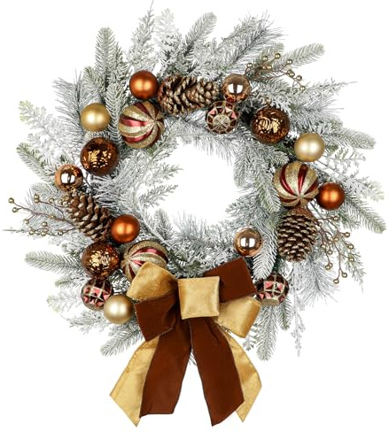 Weihnachtskranz Türkranz für Weihnachten - Brauner-Grüner Adventskranz mit Weihnachtskugeln, Beeren, Tannenzapfen und Schleife, Dekokranz Weihnachtsdeko Tischkranz, Ø 60CM