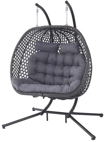 More4Homes SICILY GARDEN DOUBLE EGG CHAIR OUTDOOR INDOOR FOLDING RATTAN METAL HANGING SWINGING CHAIR (Grey)