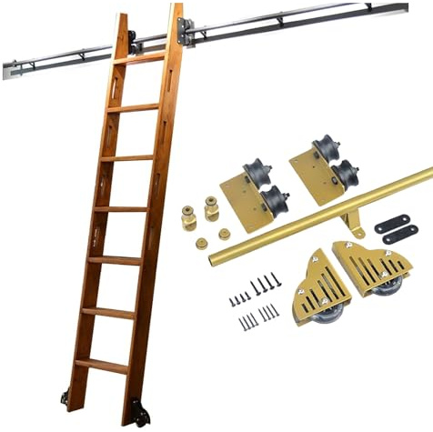 Escalera corrediza dorada de 100-720 cm para biblioteca, kit de escalera rodante para estantería, riel de escalera móvil de hierro con sistema de rodillos deslizantes (sin escalera)(120cm Spårkit)