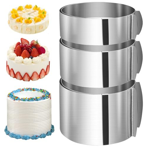 PORFOYO 3 anillos para tartas ajustables de 5 cm, 8 cm, 10 cm, acero inoxidable, ancho ajustable, ancho de 16 – 30 cm, marco para hornear redondo, estable, molde redondo ajustable para hornear y