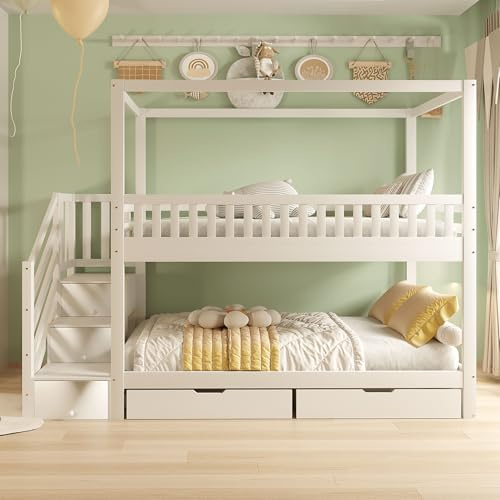 Moimhear Letto a castello per letto infantile, in legno massiccio, design a griglia di sicurezza, con scaffali ed escala di sicurezza (bianco, 90 x 200 cm, con cassetti)