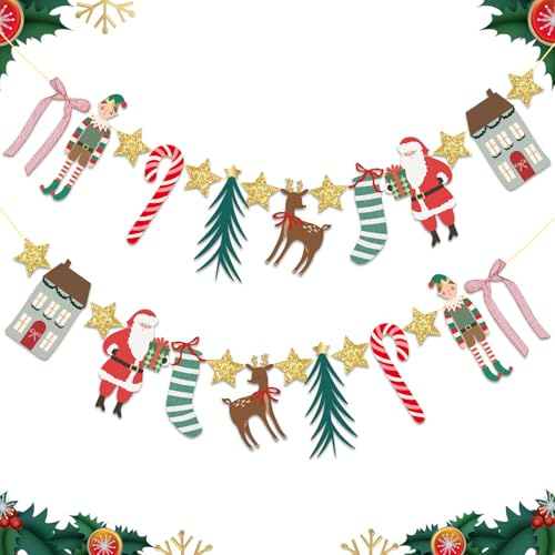 SUNBEAUTY Christmas Banners, Hanging Christmas Bunting with Santa,Reindeer,Tree and House Hanging Xmas Decorations Indoor for Party Home Wall Fireplace Window Classroom Office
