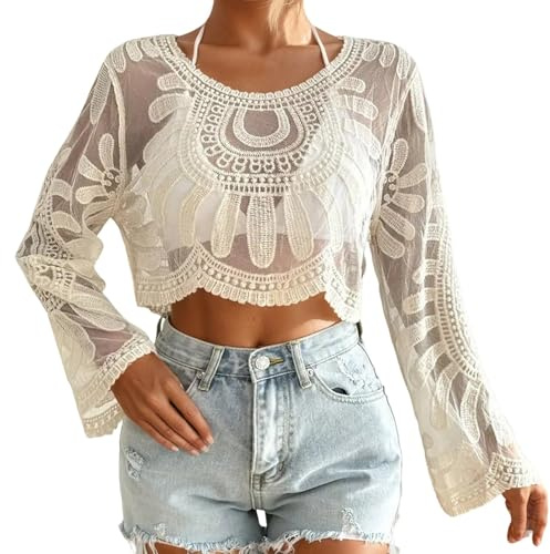 Generisch Dirndl Nero Donna Estate Pizzo Manica Lunga Cardigan Traforato all'uncinetto Spiaggia Copertura Up Leggero Sole Girocollo Top Maglione Camouflage Donna, beige., Taglia unica