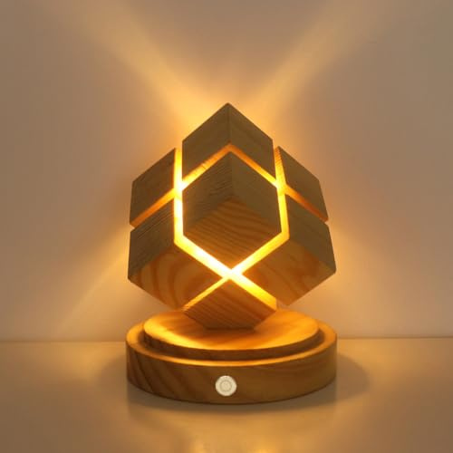 LOGT LED Holz Riss Tischleuchte Innen Vintage Akku Tischlampe Kabellose Touch Dimmbare Nachttischlampe Quadrat Batteriebetrieben Retro Nachtlicht Warmweiß Moderne Dekorativ Bettlampe für Schlafzimmer