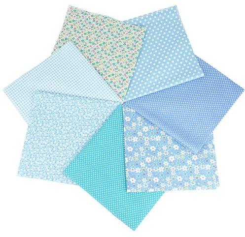 KLVGTIFS 7 Stück Baumwollstoff 50 x 50 cm Stoffe zum Nähen Patchwork 100% Baumwolle Material Designstoff Verschiedene Designs DIY Stoff zum Basteln Quilten Puppenkleidung Dekoration, Blau
