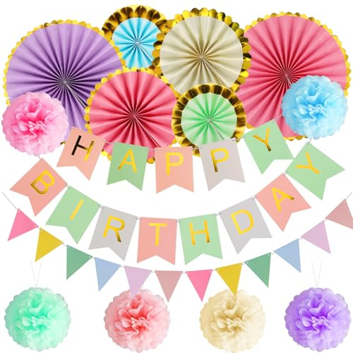 Pastell Geburtstagsdeko Partydeko Set Mit Happy Birthday Girlande | Papier Wimpel, Wabenbälle, Papierfächer und Pompons, Wiederverwendbar, Für Kindergeburtstag, Innen- und Außenbereich