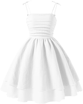Girls Party Dress Girl's Summer Dresses Spaghetti Strap Swing Pleated Dress Tween Kids Flowy Front Ruched Boho Beach Casual Midi Sunddress for Princeess Birthday Wedding Prom Gown (White-1, 12 Years)