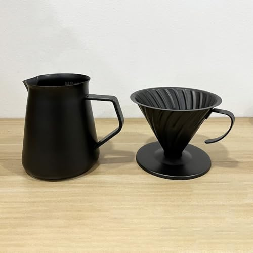 Pumixiy Cafetera de acero inoxidable de 600 ml, cafetera con filtro plateado para preparación casera, juego de café manual estilo barista (negro)