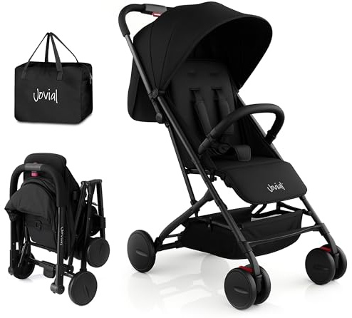 Jovial Lightweight Baby Stroller, Folding Travel Stroller with Reclining Seat, Canopy, 5-Point Safety Harness, Storage Basket, Smooth Wheels, Compact Portable Design (39.8 x 18.7 x 32.3)