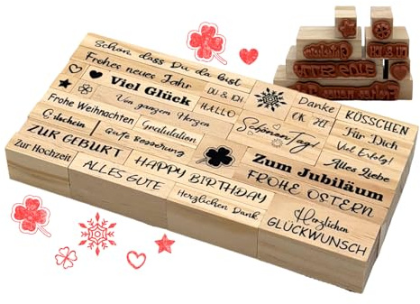 33 Stück Holzstempel mit Sprüchen und Motiven – Stempel Geburtstag
