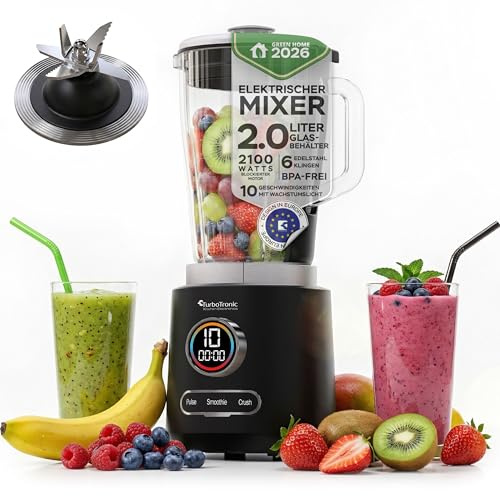 TurboTronic Standmixer - BG7-2100 Watt (25.000 RPM) mit 2,0 L Glasbehälter Edelstahl, Glas Smoothie Mixer/Maker Ice Crush Funktion Milchshaker Blender BPA FREI