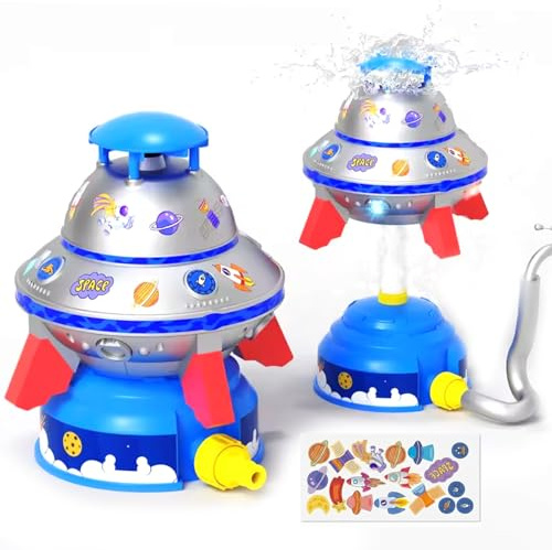 UFO Water Sprinkler for Kids, Raketen Wassersprinkler Kinder mit LED-Licht & 360°-Drehung, Rocket Wasserspielzeug mit Einstellbarer Höhe & DIY Aufkleber Geschenk für Jungen und Mädchen (Blau)