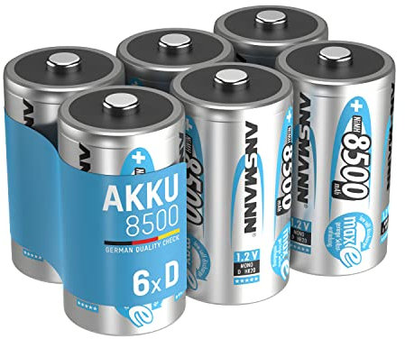 ANSMANN Akku Typ Mono D 8500 mAh NiMH 1,2 V (6 Stück) - wiederaufladbare Mono D Batterien, maxE für äußerst geringe Selbstentladung sorgt für jahrelangen Einsatz im High-Drain-Bereich