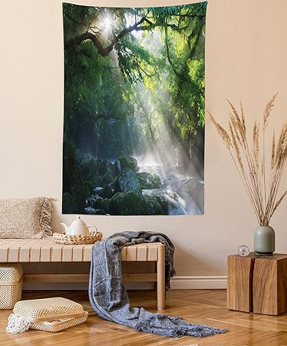 ABAKUHAUS Regenwald Wandteppich, Jungle Sonnenlicht Bäume aus Weiches Mikrofaser Stoff Waschbar ohne Verblassen Digitaldruck, 110 x 150 cm,Grün Weiß