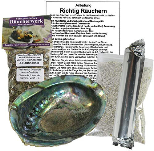 Räuchern mit Räuchermuschel Räucherschale aus Seeopal 13-16 cm. 5-TLG Set mit Weihrauch Wohlfühlräucherung für Weihnachten & Rauhnächte + Räucherkohle + Anleitung & Zubehör. 81581