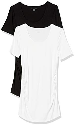 Amazon Essentials Women's Maternity Short-Sleeve Rouched Scoopneck T-Shirt, Pack of 2, Black/White, L