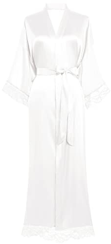 BABEYOND Damen Morgenmantel Lang Kurz Einfarbiger Bademantel Spitzen Ärmel Seide Satin Kimono Kleid Damen Sommer Robe Reine Farbe Schlafmantel (Lang - Weiß)
