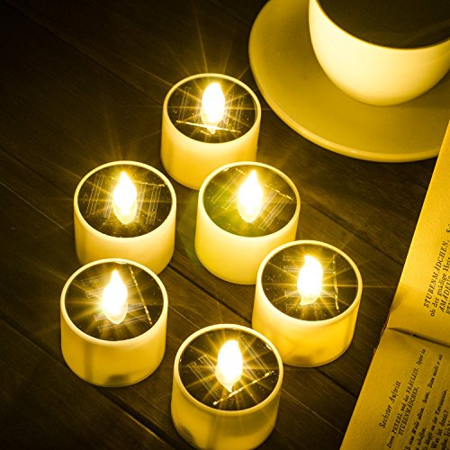 SoulBay 6pcs Solar Power Tea Lights Outdoor Candle Flameless Flicker IP65 Waterproof Rechargeable LED Candles with Dusk to Dawn Sensor for Lantern Garden Camping Party Home Decorations, 2.3 x 2