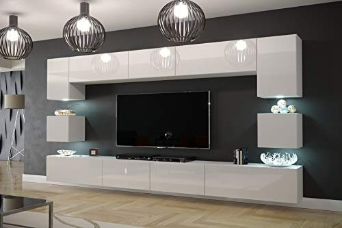Furnitech Wohnwand Wohnzimmer Möbel (Weiß) mit LED Blau - Hängend Wohnzimmerwand Modern - Schrankwand mit Regale und TV Schrank (Nowara AN1-17W-HG21 1C)