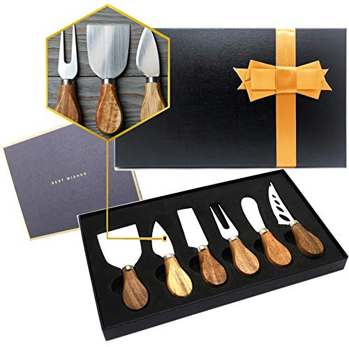 MJuAn Premium 6-Piece Cheese Knife Set,Complete Stainless Steel Cheese Knives Collection (Acacia Wood Handle)-Charcuterie Boards Accessories,Gift-Ready