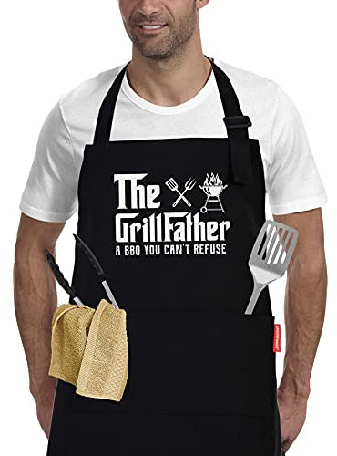 The Grill Father - BBQ Cooking Apron for Men, Funny Kitchen Apron with Pockets, Christmas Gifts for Men, Husband, Dad, Grandad Birthday Gifts