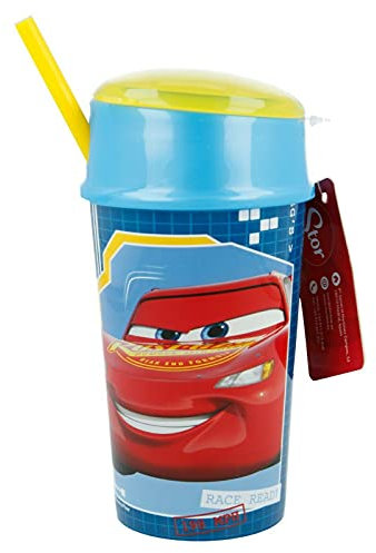 Gold1 Tumbler + Lid compartmnet + Straw 400 ml, Multi-Colour, Cartoon Character (Cars)