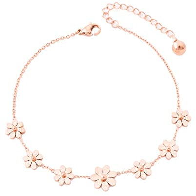 Qings Rose Gold Gänseblümchen-Fußkettchen Fußring Sieben Blumen Chrysantheme Kreuz verstellbare 25 cm lange Kette 18 Karat platiniert Armband Zierliches Schmuck Geschenk für Frauen und Mädchen