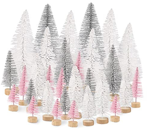 30pz Mini Albero di Natale Artificiale Glitter Sisal Neve Miniatura Albero Natale Bianco Rosa Argento Decorazione Addobbi Ornamenti Natalizi Festa Regalo