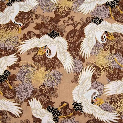 The Fabric Guys Tessuto in cotone per trapuntatura al metro in stile giapponese, larghezza 152,4 cm, in lamina dorata, belle stampe, lavori artigianali (gru e crisantemi marrone)
