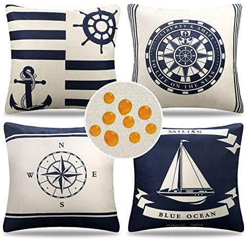 Kissenbezug Outdoor Wasserdicht Sofakissen Wasserfest Dekokissen Kissenbezüge Segeln Kompass Anker Ruder Dekorativ Kissen Kissenhülle für Garten Sofa Wohnzimmer Bett 4er Set, Marineblau Weiß, 50x50 cm