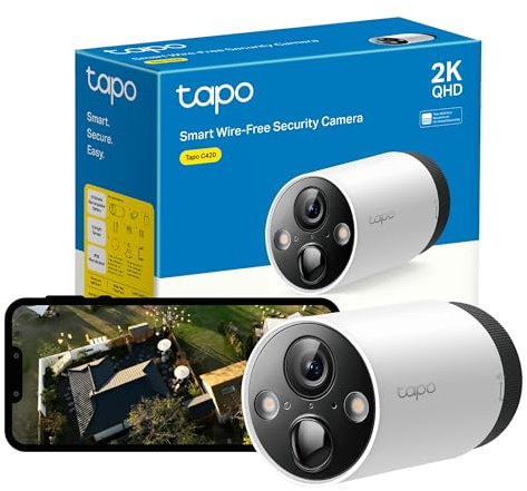 Tapo Smart Wire-Free Security outdoor Camera, IP65 Weatherproof, Full-Colour Night Vision, Rechargeable Battery, 2K QHD, AI Detection, Works with Alexa&Google Home, no hub provided(Tapo C420)