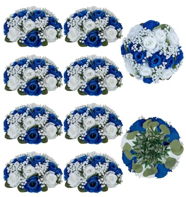 Blosmon Kunstblumen Rosen Schleierkraut Blumenstrauß: 10 Stück Royalblau Künstliche Rose Gypsophila Seiden Blumen Blumenkugel für Hochzeitsdeko Party Tafelaufsätze Dekoration Tisch Zuhause Zimmer Deko