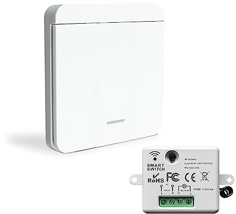 Bkiyougo Wireless Light Switch Kit - 86 Wall Panel RF Safety Switch and 10 Amp Relay Receiver Controller, No Wiring Easy Install, for Lights up to 1500W