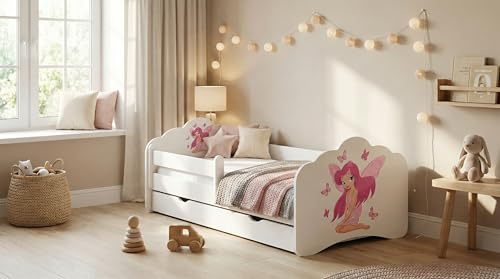 Happy Babies MOBI - Kinderbett 160 x 80 | Kinderbett mit Rausfallschutz & Bettkasten | Jugendbett mit farbigem Aufkleber | Bett mit Matratze 80x160 | Kinder-Bett für Mädchen & Jungen WIESS (M04)