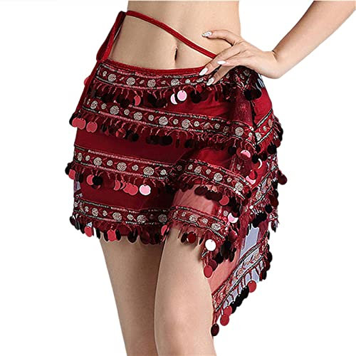 QUNINE Bauchtanzgürtel für Damen, Hüfttuch, schmal, Bauchtanz-Zubehör, Damen-Bauchtanzgürtel, Pailletten-Hüfttuch (rot, Einheitsgröße)