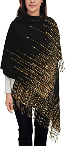 TheEcoWay Schwarz-goldener, funkelnder, glitzernder Fransenschal für Damen mit Quasten, großer Schal mit weichem Kaschmirgefühl, Wickeltücher, leichte Stola, 197 x 72 cm