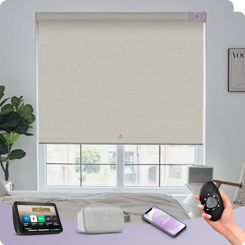 Graywind Energy Efficient Electric Roller Blinds - 4-Layer Double-Sided Thermal Fabric, Smart Motorised Blackout Blinds Compatible with Alexa Google, Rechargeable, Made to Measure, Beige White