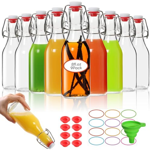 AuroTrends 8 oz Swing Top Glass Bottles with Lids 9 Pack- Airtight Flip Top Glass Bottles for Vanilla Extract, Home Brewing, Beverages, Oil & More