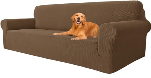 YSTELLAA High Stretch Sofa Überzug 4 Sitzer, Couch Bezug rutschfest, Universal Sofahusse Elastische, Couchüberzug Sofaschutz Katze Durable, Waschbare Sofa Covers Mit Armlehnen, Braun | Sofabezug mit Armlehnen, sehr elastisch, Universal, Weihnachtsstil, rutschfest, schmutzabweisend und waschbar