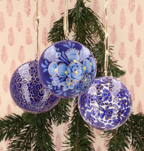 Upcycling Weihnachtskugel 3er Set aus Pappmachee, handbemalt, Muster 7 | Kaschmirkugeln, 7 cm Durchmesser, einzigartiger Christbaumschmuck, umweltfreundlich, in recycelter Box