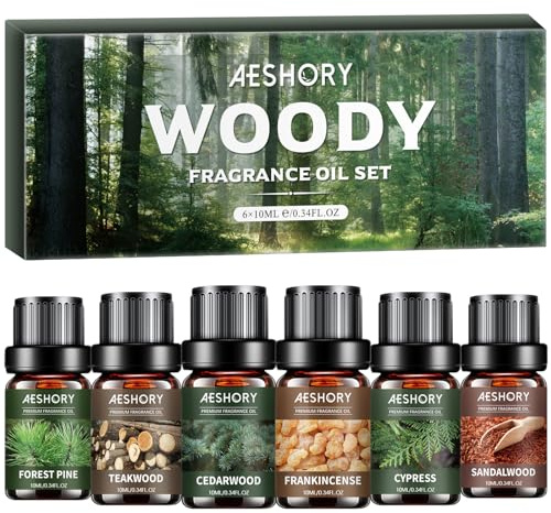 Woody Essential Oils Set - 6x10ML Woody Scents Fragrance Oil for Candle Making, Diffuser - Teakwood, Sandalwood, Cedarwood, Cyperss, Forest Pine, Frankincense Aromatherapy Oils